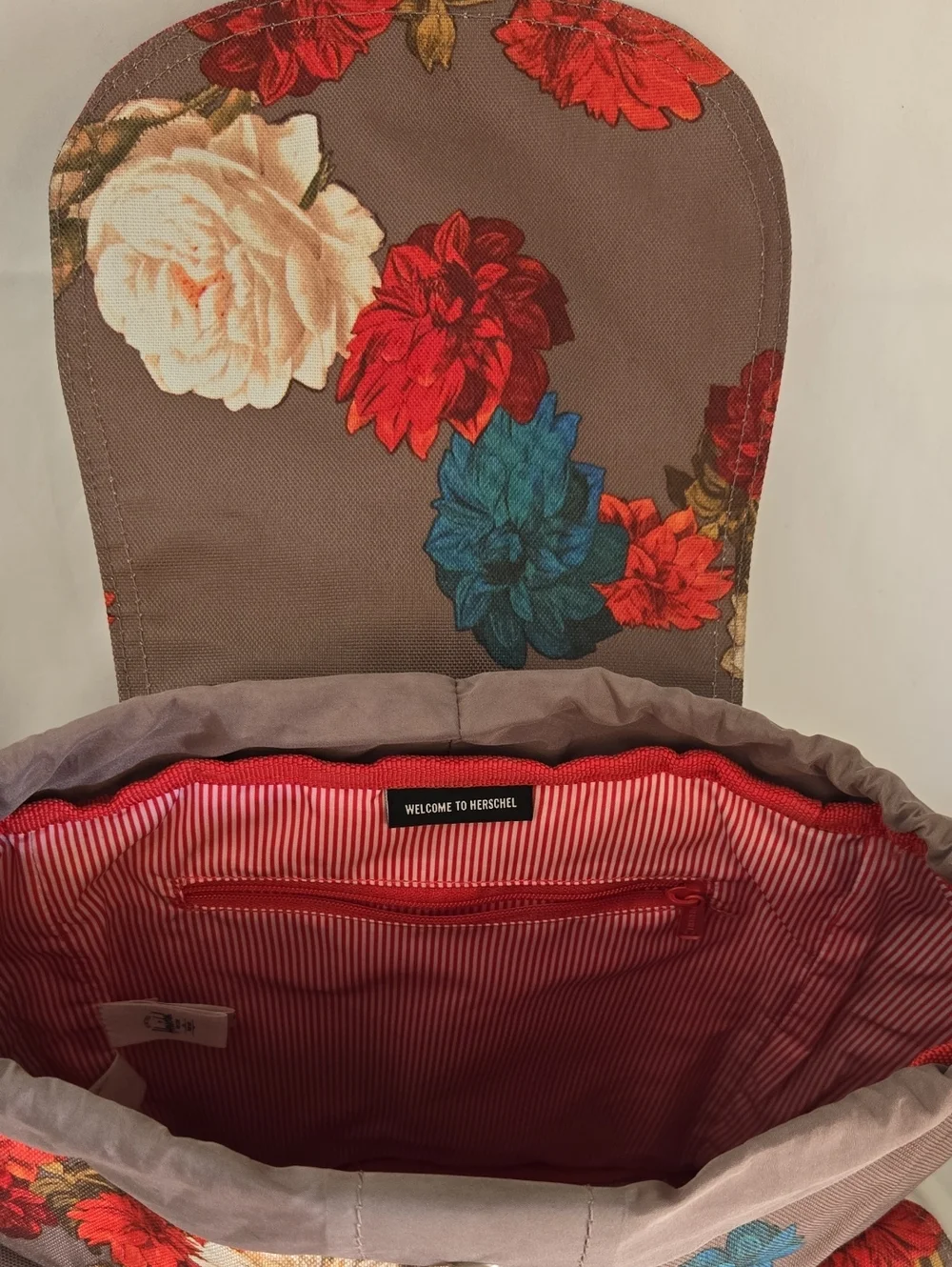 Floral Canvas Men's Backpack - Brown with Red Flower Print